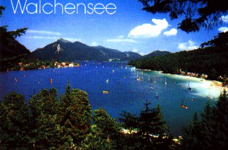 Luftkurort Walchensee, 803 m/Oberbayern. Walchsee: 7 km lang, 4 km breit gegen Jochberg, 1567 m.