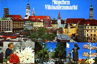 M�nchen - Viktualienmarkt mit Blick auf die Frauenkirche, Pfarrkirche St. Peter, Neues und Altes Rathaus und Heiliggeistkirche.